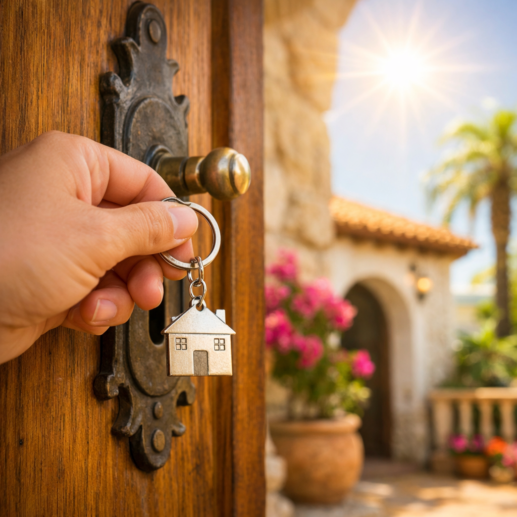 A hand turning a key in a wooden door with a house‑shaped keychain, with a Mediterranean villa in the background, representing renting property in Spain, Spain rental licence requirements, and property management in Murcia.