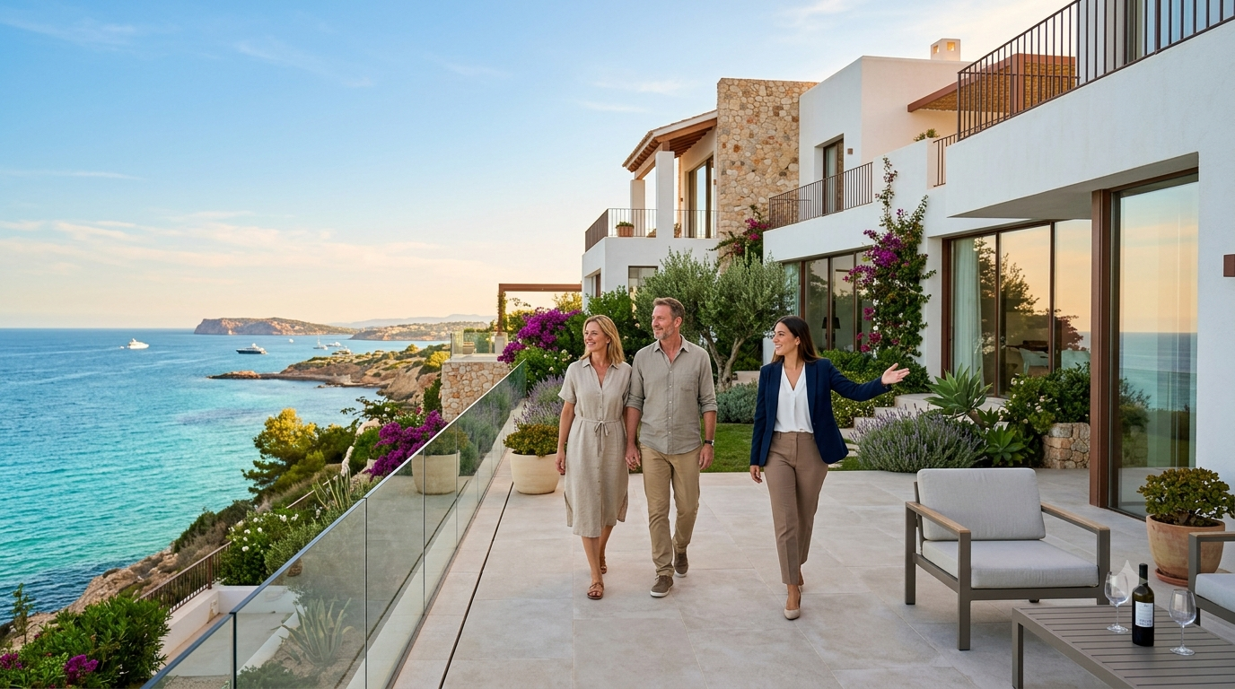 Real estate agent showing a luxury modern villa to an international couple on a sunny terrace with stunning Mediterranean sea views in Murcia.