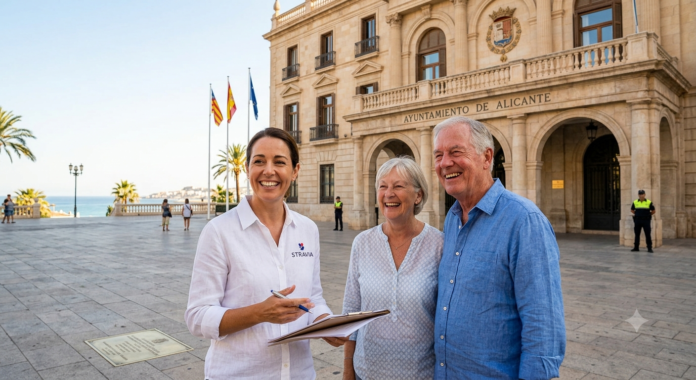. Stravia consultant helping a retired couple with Spanish administration and paperwork outside the Alicante Ayuntamiento.